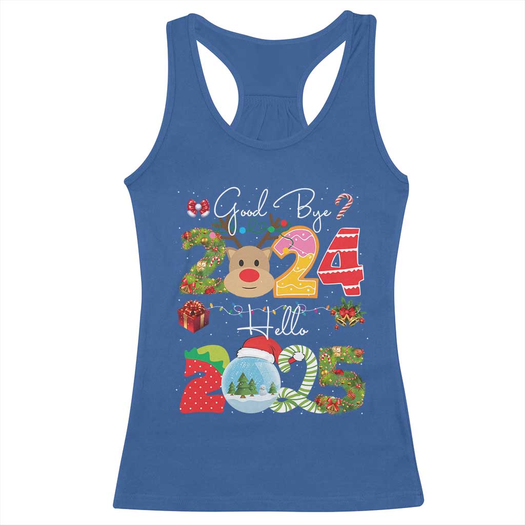 New Year 2025 Racerback Tank Top Merry Christmas Good Bye 2024 Hello 2025 TS10 Royal Blue Print Your Wear