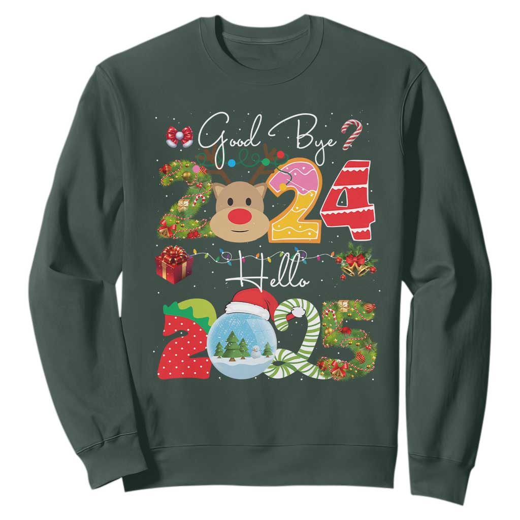 New Year 2025 Sweatshirt Merry Christmas Good Bye 2024 Hello 2025 TS10 Dark Forest Green Print Your Wear