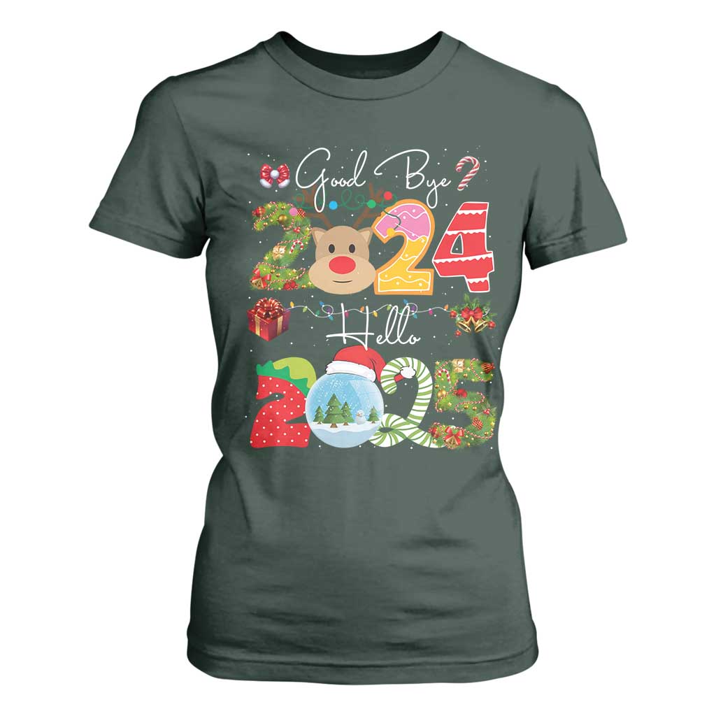 New Year 2025 T Shirt For Women Merry Christmas Good Bye 2024 Hello 2025 TS10 Dark Forest Green Print Your Wear