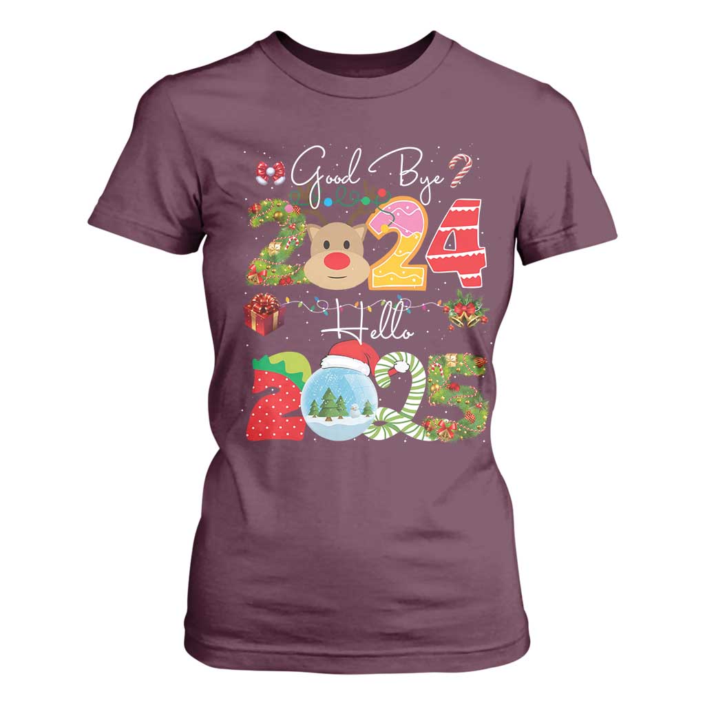 New Year 2025 T Shirt For Women Merry Christmas Good Bye 2024 Hello 2025 TS10 Maroon Print Your Wear