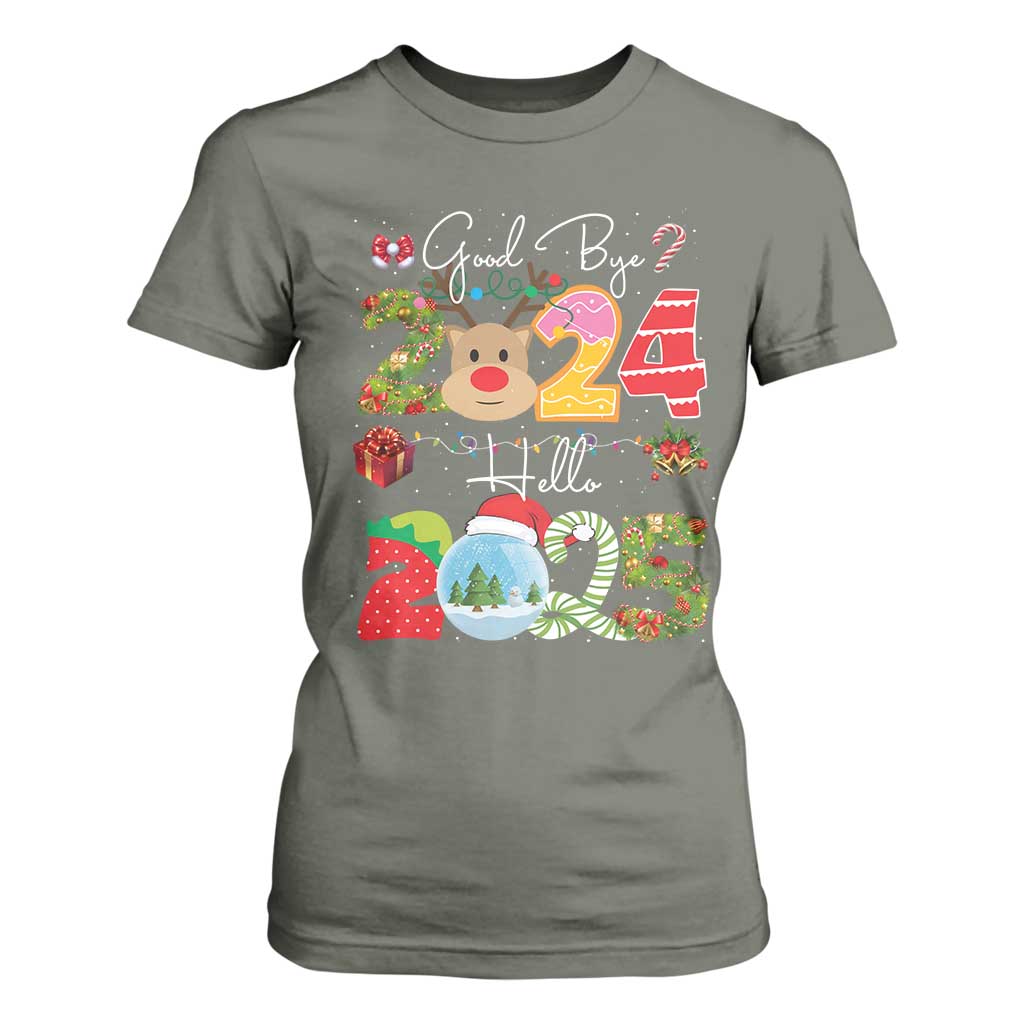 New Year 2025 T Shirt For Women Merry Christmas Good Bye 2024 Hello 2025 TS10 Military Green Print Your Wear