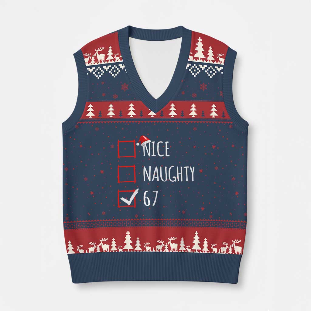 67 Xmas V-Neck Knit Sweater Vest Funny Nice Naughty Six Seven 6 7 Meme Brain Rot TS10 Navy Red Print Your Wear