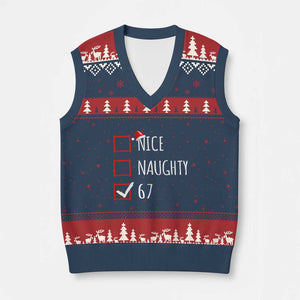67 Xmas V-Neck Knit Sweater Vest Funny Nice Naughty Six Seven 6 7 Meme Brain Rot TS10 Navy Red Print Your Wear