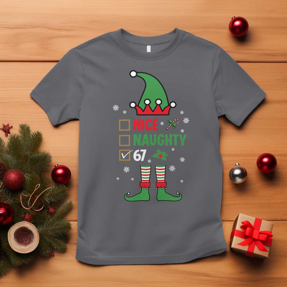 67 Christmas T Shirt Funny Six Seven Meme Brainrot Nice Naughty 6 7 Elf Custome TS10 Charcoal Print Your Wear