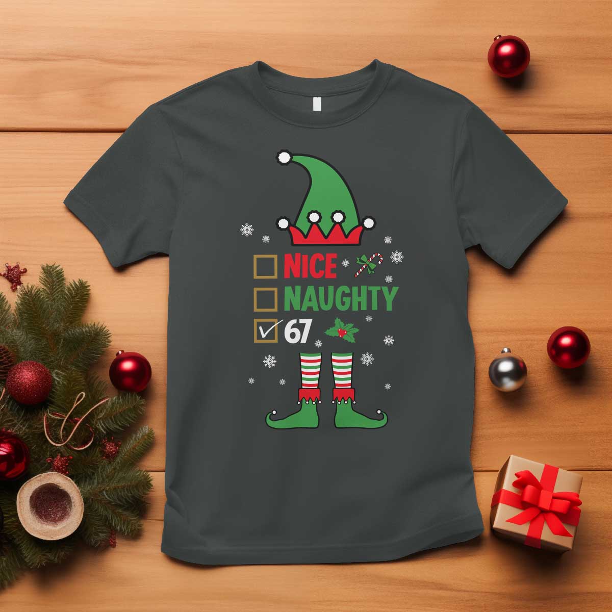 67 Christmas T Shirt Funny Six Seven Meme Brainrot Nice Naughty 6 7 Elf Custome TS10 Dark Heather Print Your Wear