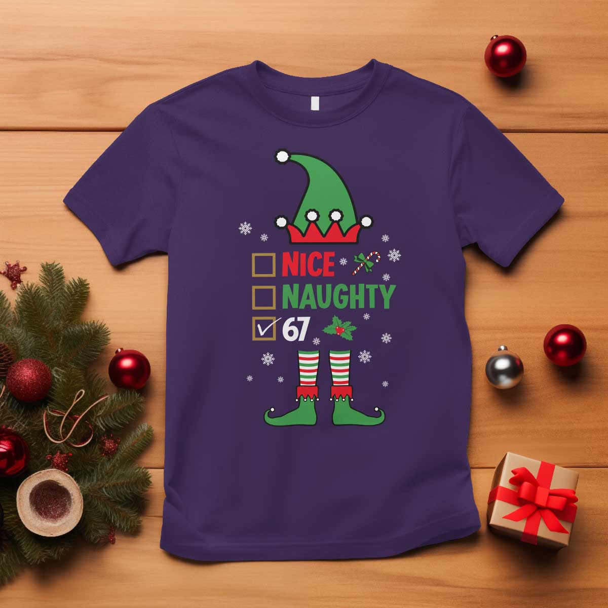 67 Christmas T Shirt Funny Six Seven Meme Brainrot Nice Naughty 6 7 Elf Custome TS10 Purple Print Your Wear