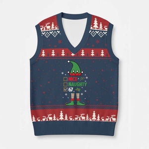 67 Xmas V-Neck Knit Sweater Vest Funny Six Seven Meme Brainrot Nice Naughty 6 7 Elf Custome TS10 Navy Red Print Your Wear