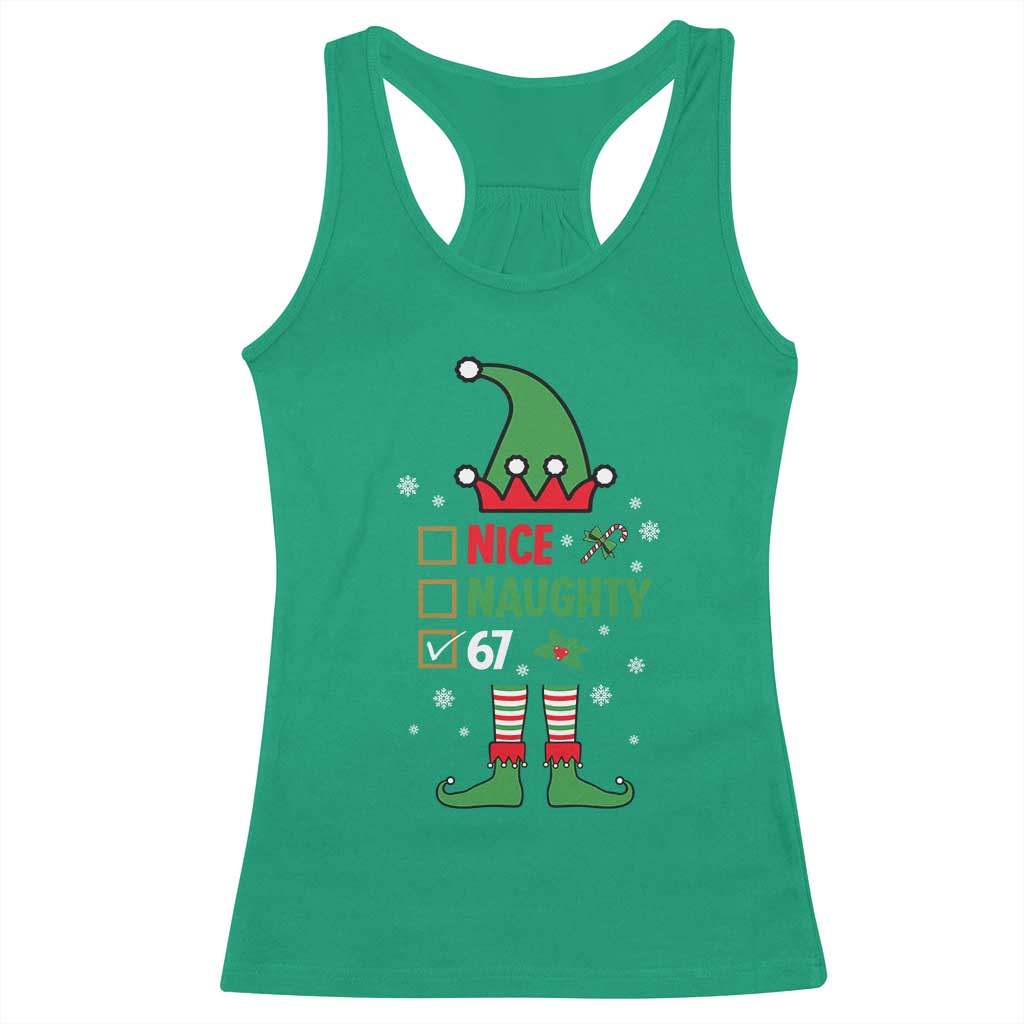67 Christmas Racerback Tank Top Funny Six Seven Meme Brainrot Nice Naughty 6 7 Elf Custome TS10 Irish Green Print Your Wear