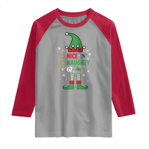 67 Christmas Raglan Shirt Funny Six Seven Meme Brainrot Nice Naughty 6 7 Elf Custome TS10 Sport Gray Red Print Your Wear