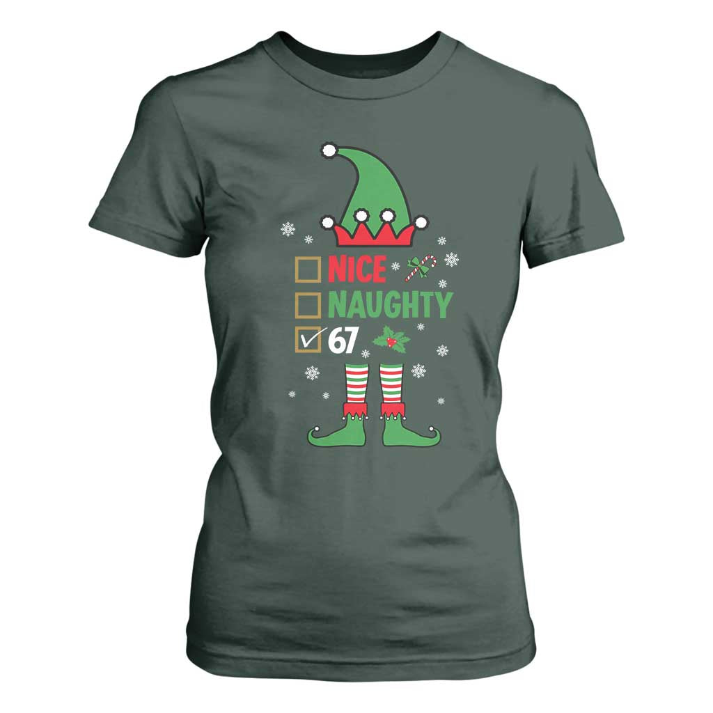 67 Christmas T Shirt For Women Funny Six Seven Meme Brainrot Nice Naughty 6 7 Elf Custome TS10 Dark Forest Green Print Your Wear