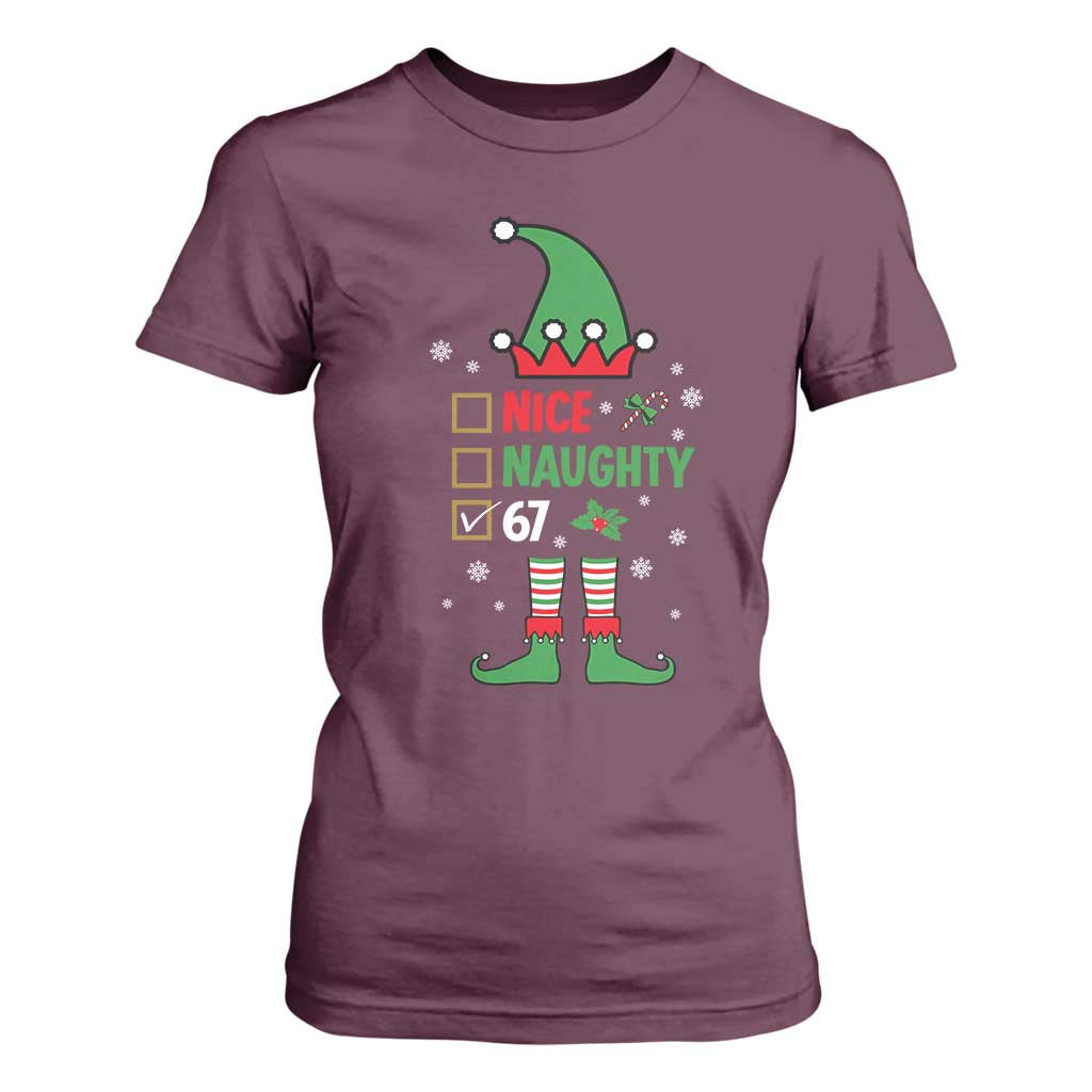 67 Christmas T Shirt For Women Funny Six Seven Meme Brainrot Nice Naughty 6 7 Elf Custome TS10 Maroon Print Your Wear