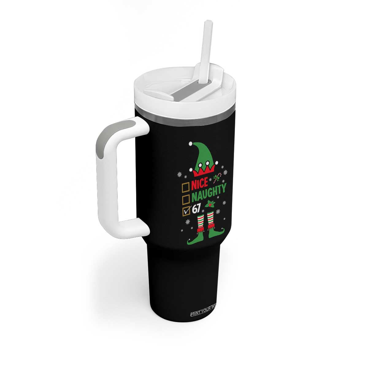 67 Christmas Tumbler With Handle Funny Six Seven Meme Brainrot Nice Naughty 6 7 Elf Custome TS10 Print Your Wear
