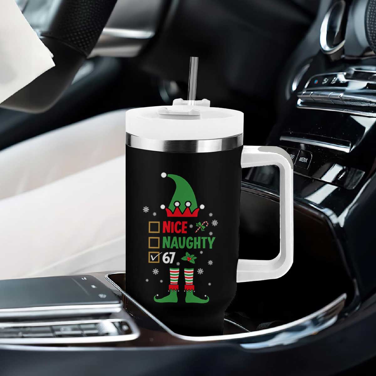 67 Christmas Tumbler With Handle Funny Six Seven Meme Brainrot Nice Naughty 6 7 Elf Custome TS10 Print Your Wear