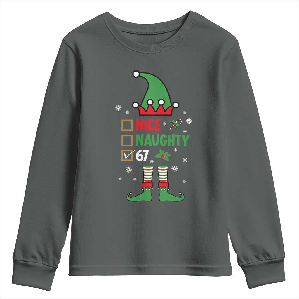 67 Christmas Youth Sweatshirt Funny Six Seven Meme Brainrot Nice Naughty 6 7 Elf Custome TS10 Dark Heather Print Your Wear