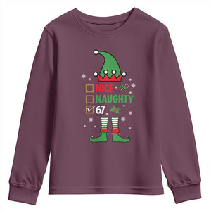67 Christmas Youth Sweatshirt Funny Six Seven Meme Brainrot Nice Naughty 6 7 Elf Custome TS10 Maroon Print Your Wear