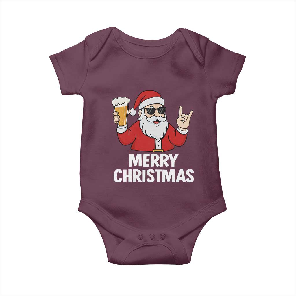 Merry Christmas Funny Santa Drinking Beer Baby Onesie TS10 Maroon Print Your Wear