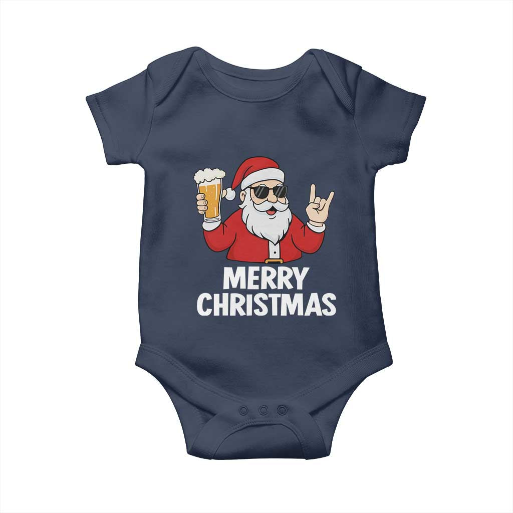 Merry Christmas Funny Santa Drinking Beer Baby Onesie TS10 Navy Print Your Wear