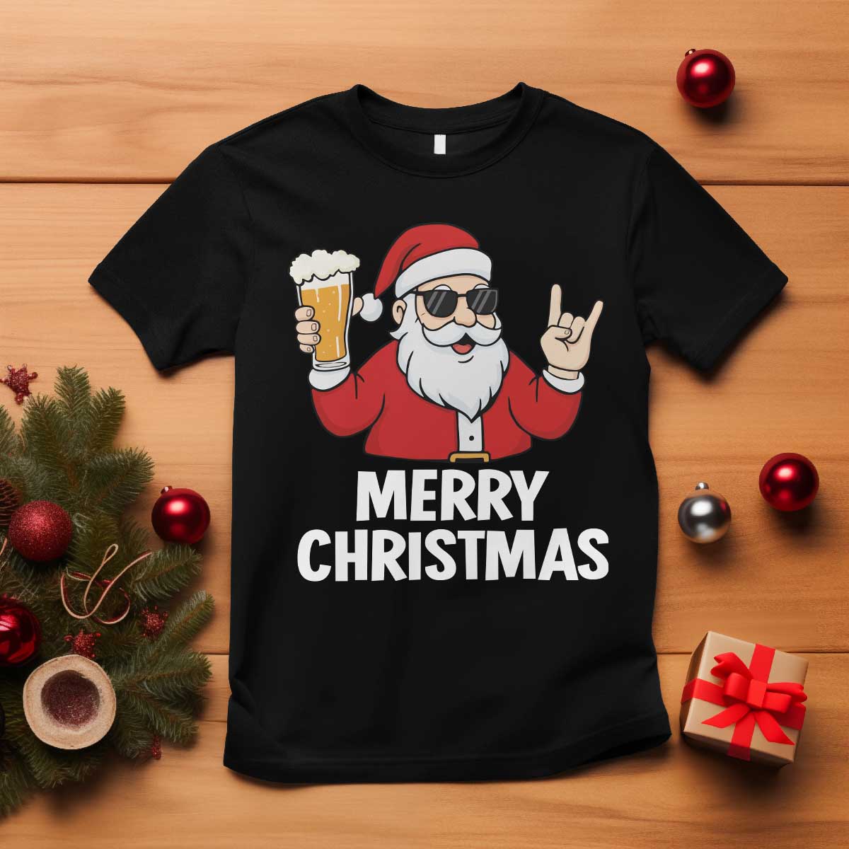 Merry Christmas Funny Santa Drinking Beer T Shirt TS10 Black Print Your Wear