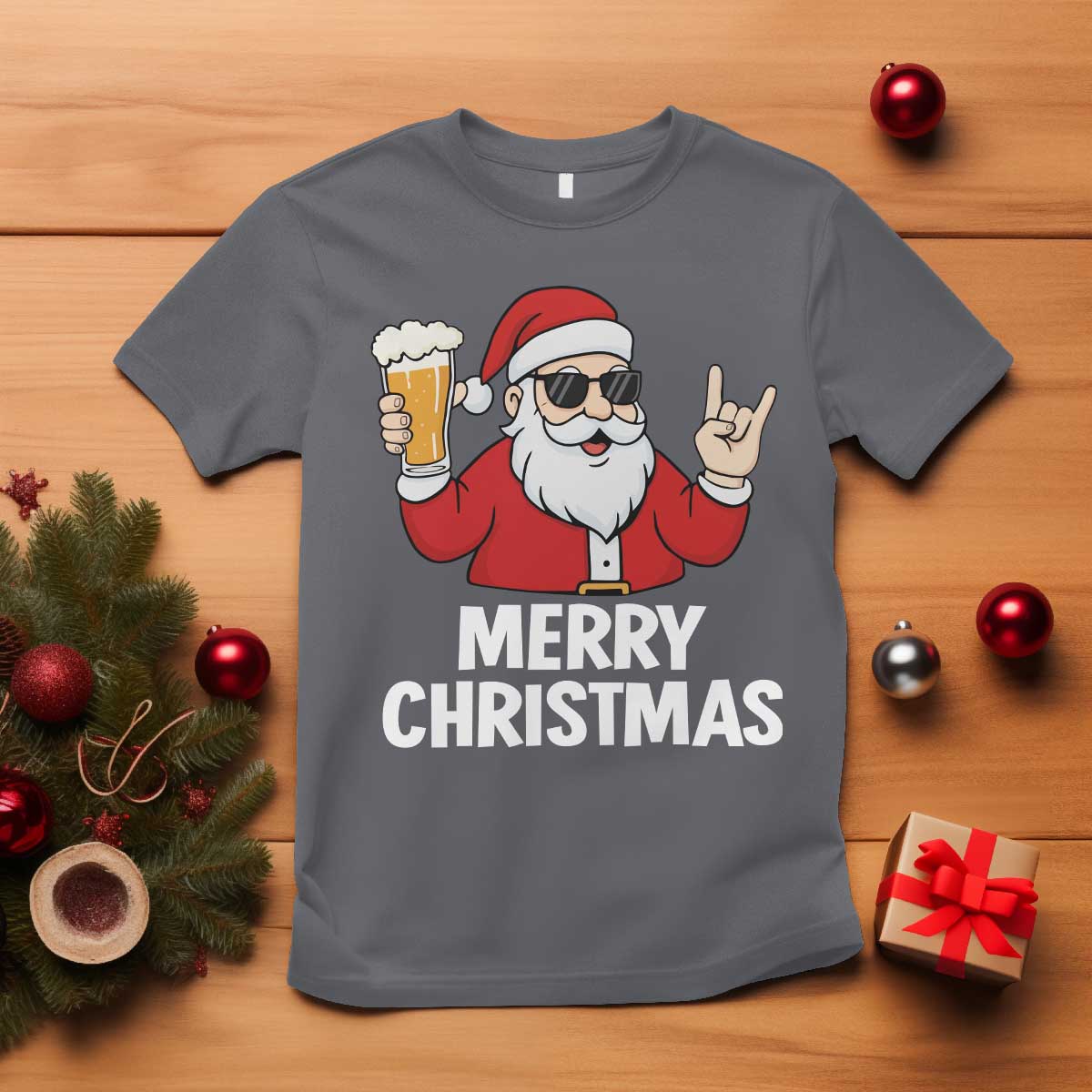 Merry Christmas Funny Santa Drinking Beer T Shirt TS10 Charcoal Print Your Wear