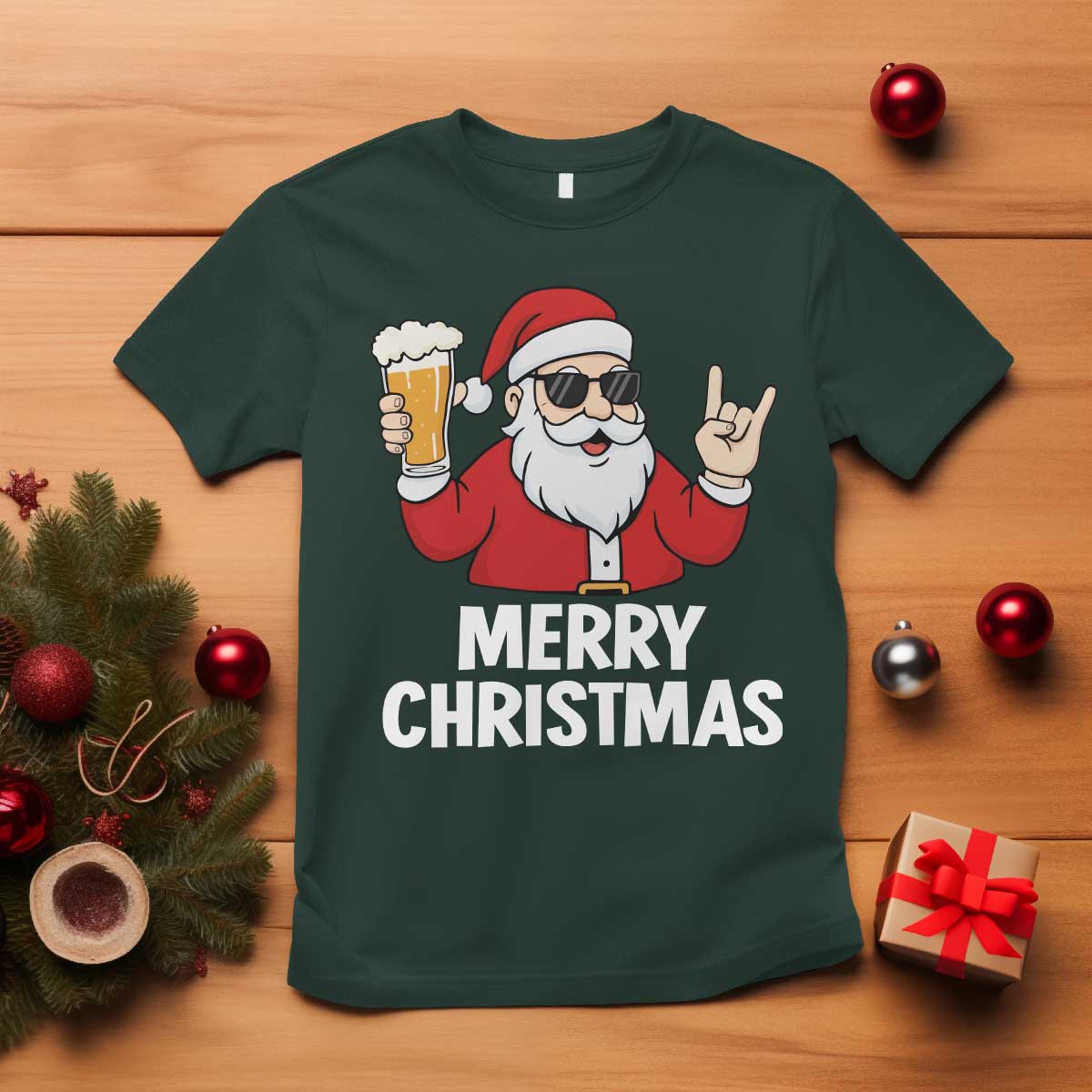 Merry Christmas Funny Santa Drinking Beer T Shirt TS10 Dark Forest Green Print Your Wear