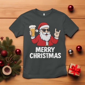 Merry Christmas Funny Santa Drinking Beer T Shirt TS10 Dark Heather Print Your Wear