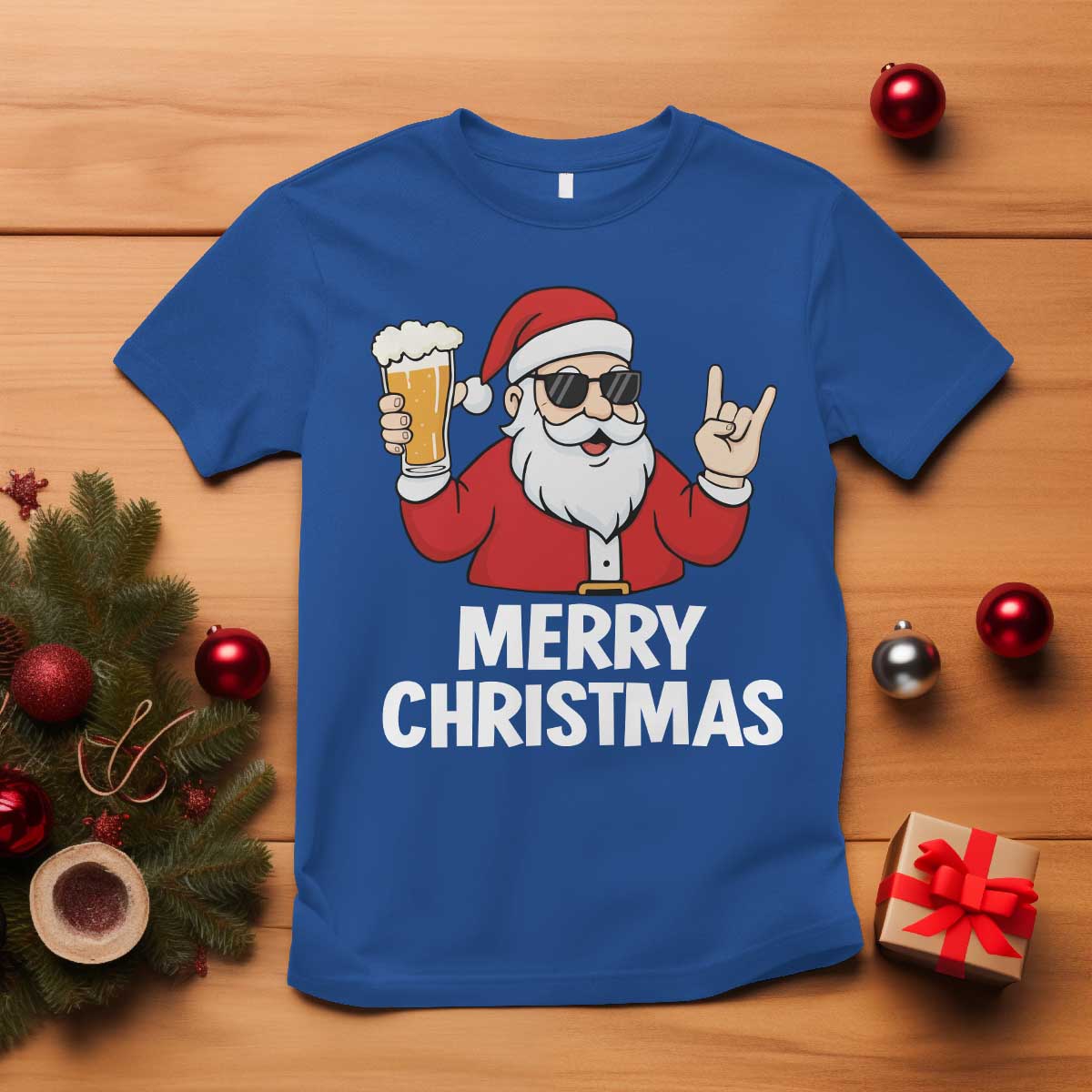 Merry Christmas Funny Santa Drinking Beer T Shirt TS10 Royal Blue Print Your Wear