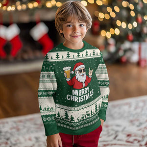 Merry Xmas Funny Santa Drinking Beer Ugly Christmas Sweater TS10 Forest Green Beige Print Your Wear