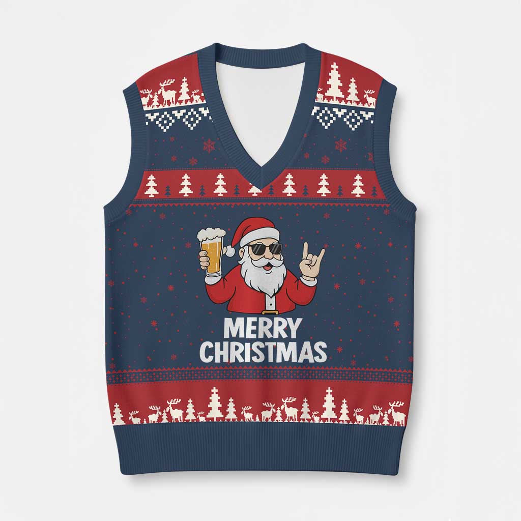 Merry Xmas Funny Santa Drinking Beer V-Neck Knit Sweater Vest TS10 Navy Red Print Your Wear