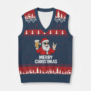 Merry Xmas Funny Santa Drinking Beer V-Neck Knit Sweater Vest TS10 Navy Red Print Your Wear