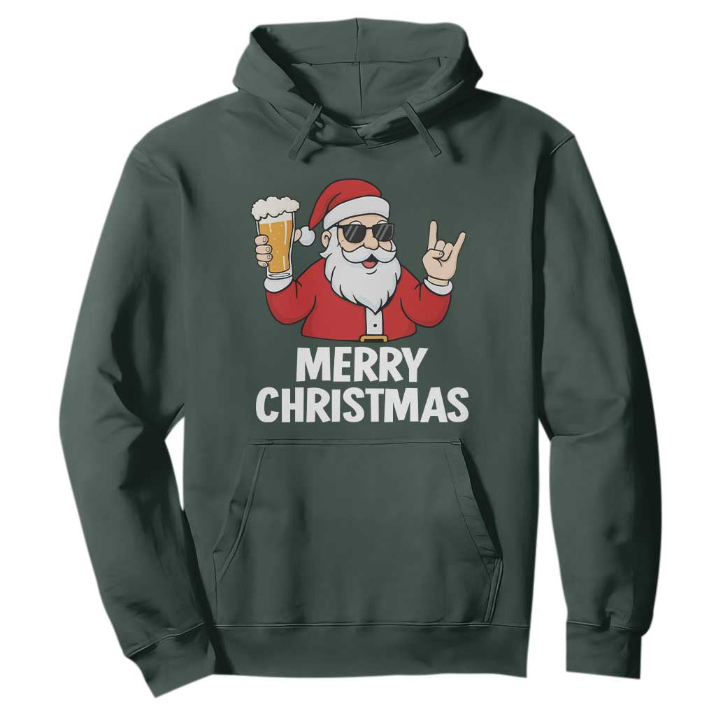 Merry Christmas Funny Santa Drinking Beer Hoodie TS10 Dark Forest Green Print Your Wear