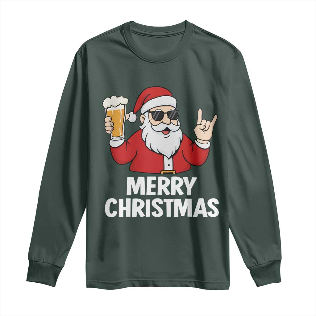 Merry Christmas Funny Santa Drinking Beer Long Sleeve Shirt TS10 Dark Forest Green Print Your Wear