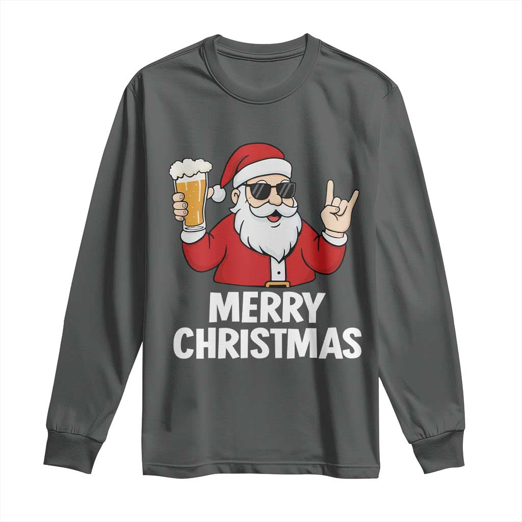 Merry Christmas Funny Santa Drinking Beer Long Sleeve Shirt TS10 Dark Heather Print Your Wear