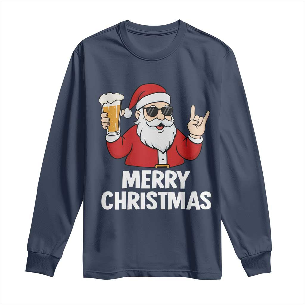 Merry Christmas Funny Santa Drinking Beer Long Sleeve Shirt TS10 Navy Print Your Wear