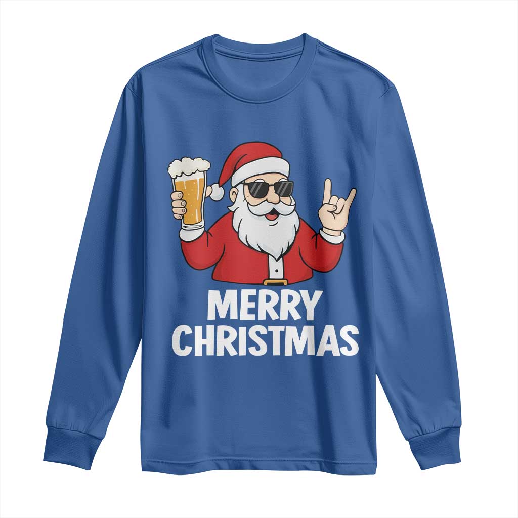 Merry Christmas Funny Santa Drinking Beer Long Sleeve Shirt TS10 Royal Blue Print Your Wear