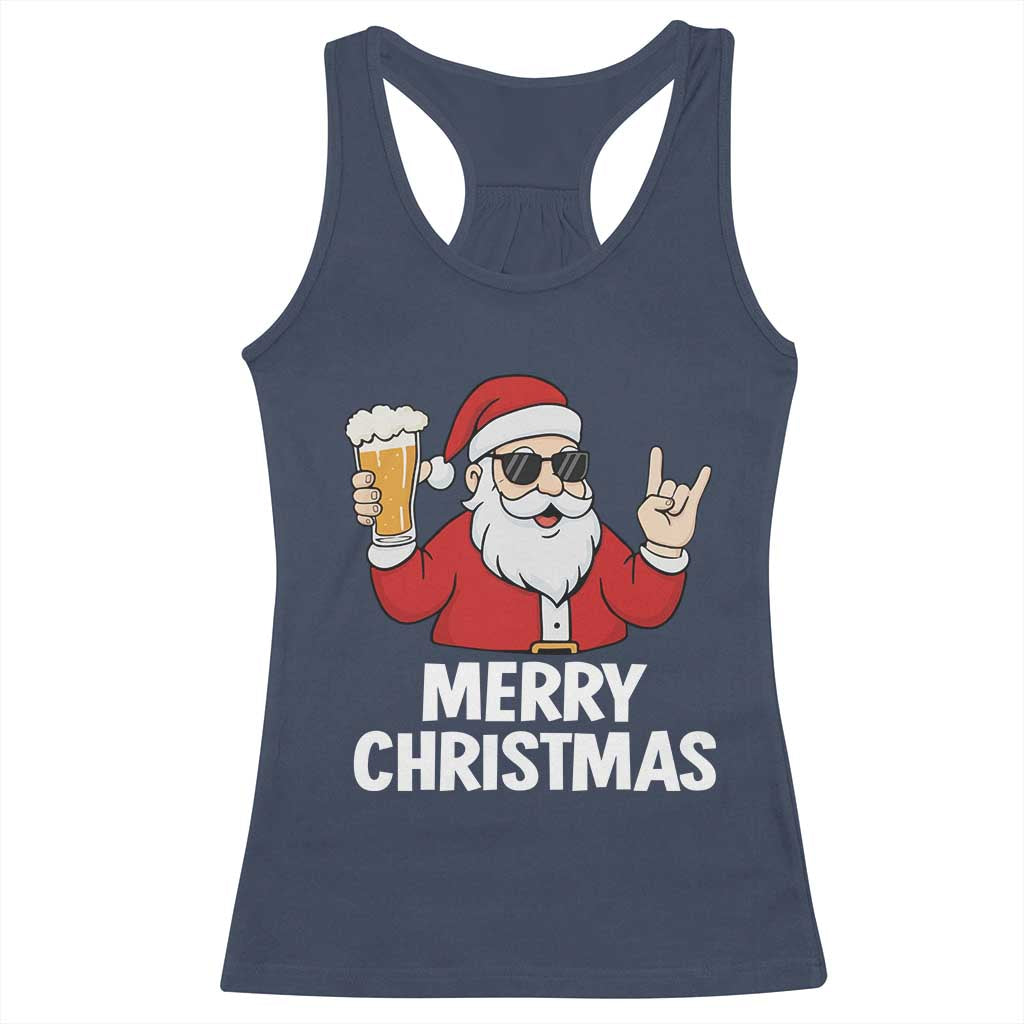 Merry Christmas Funny Santa Drinking Beer Racerback Tank Top TS10 Navy Print Your Wear