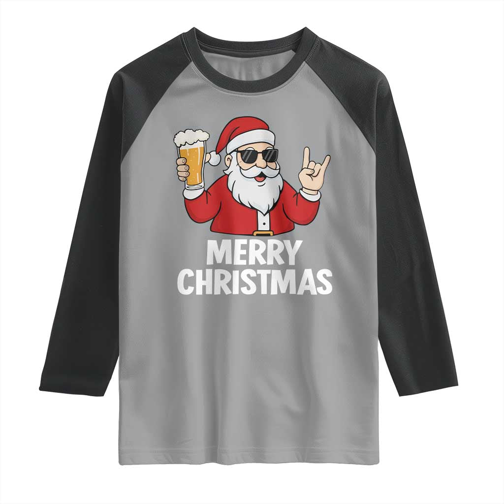 Merry Christmas Funny Santa Drinking Beer Raglan Shirt TS10 Sport Gray Black Print Your Wear