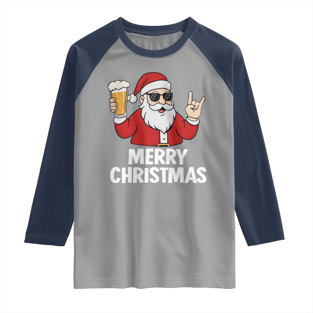Merry Christmas Funny Santa Drinking Beer Raglan Shirt TS10 Sport Gray Navy Print Your Wear