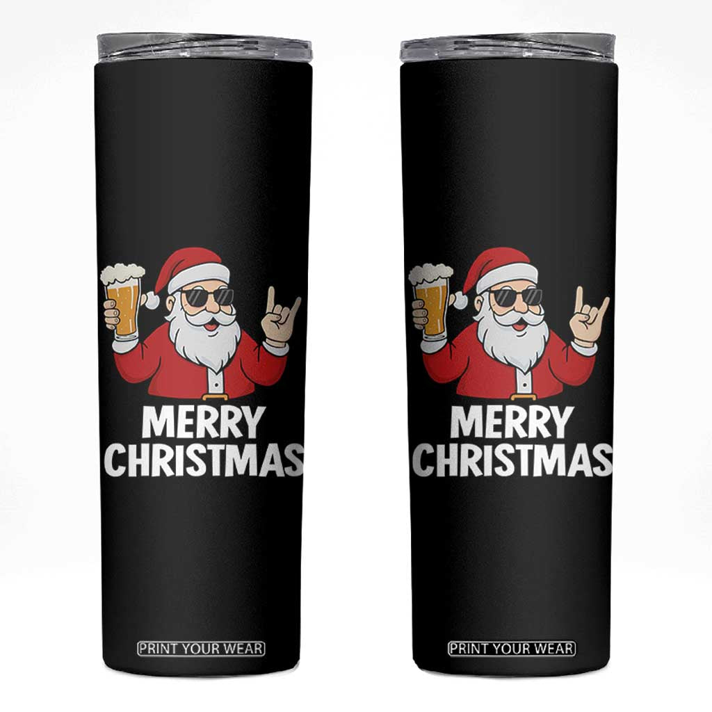Merry Christmas Funny Santa Drinking Beer Skinny Tumbler TS10 Black Print Your Wear