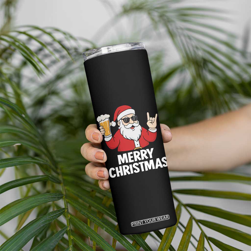 Merry Christmas Funny Santa Drinking Beer Skinny Tumbler TS10 Print Your Wear