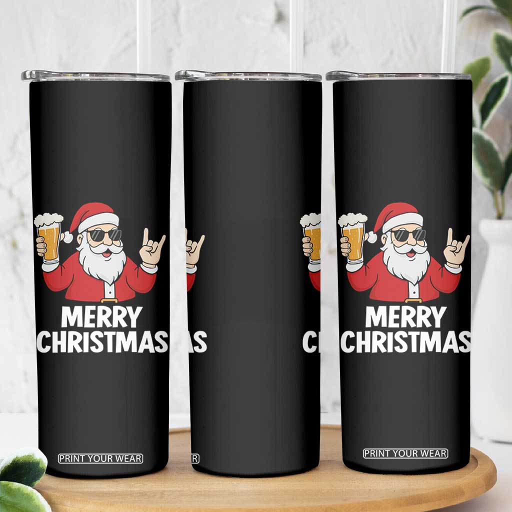 Merry Christmas Funny Santa Drinking Beer Skinny Tumbler TS10 Print Your Wear