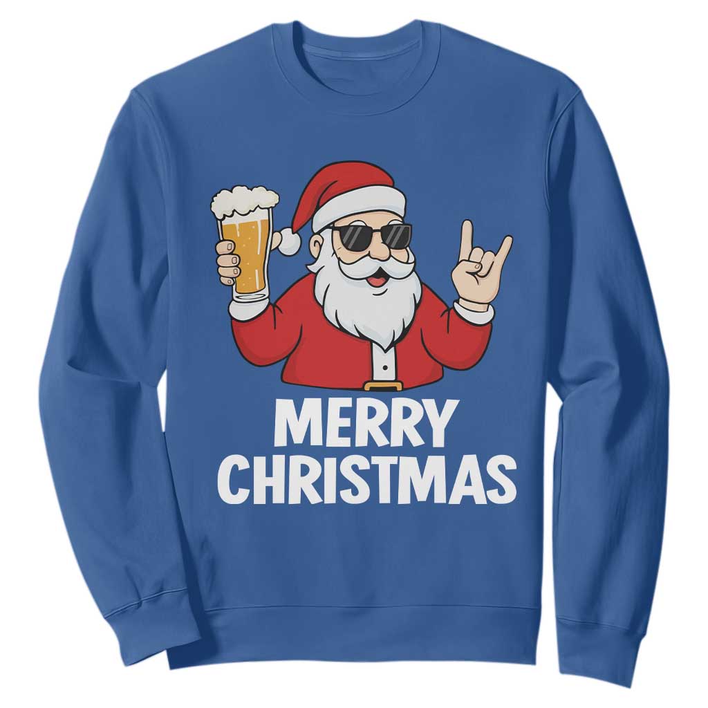 Merry Christmas Funny Santa Drinking Beer Sweatshirt TS10 Royal Blue Print Your Wear