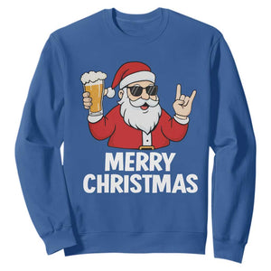 Merry Christmas Funny Santa Drinking Beer Sweatshirt TS10 Royal Blue Print Your Wear