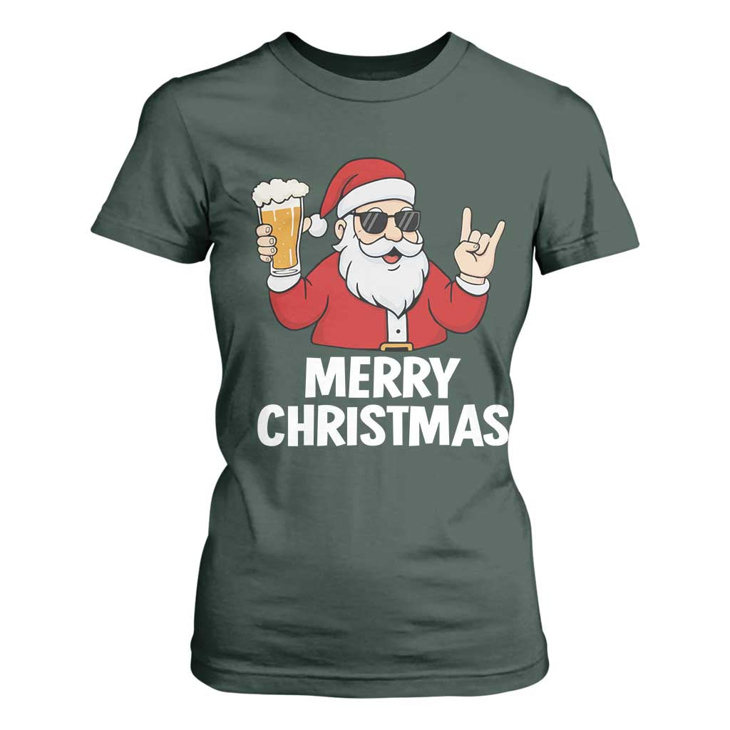 Merry Christmas Funny Santa Drinking Beer T Shirt For Women TS10 Dark Forest Green Print Your Wear