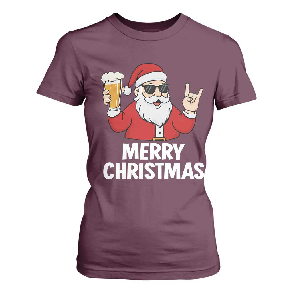 Merry Christmas Funny Santa Drinking Beer T Shirt For Women TS10 Maroon Print Your Wear