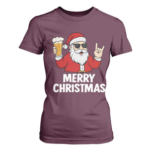 Merry Christmas Funny Santa Drinking Beer T Shirt For Women TS10 Maroon Print Your Wear