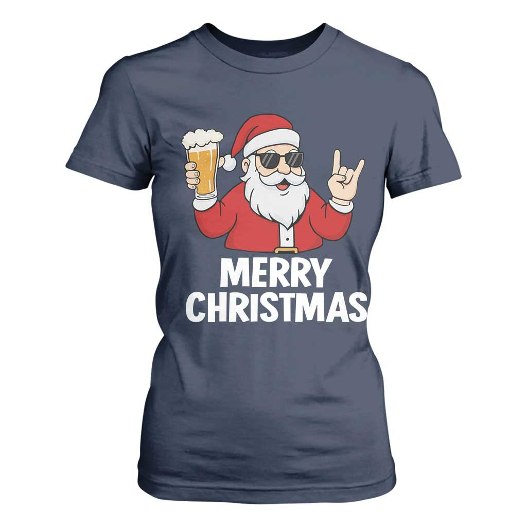 Merry Christmas Funny Santa Drinking Beer T Shirt For Women TS10 Navy Print Your Wear