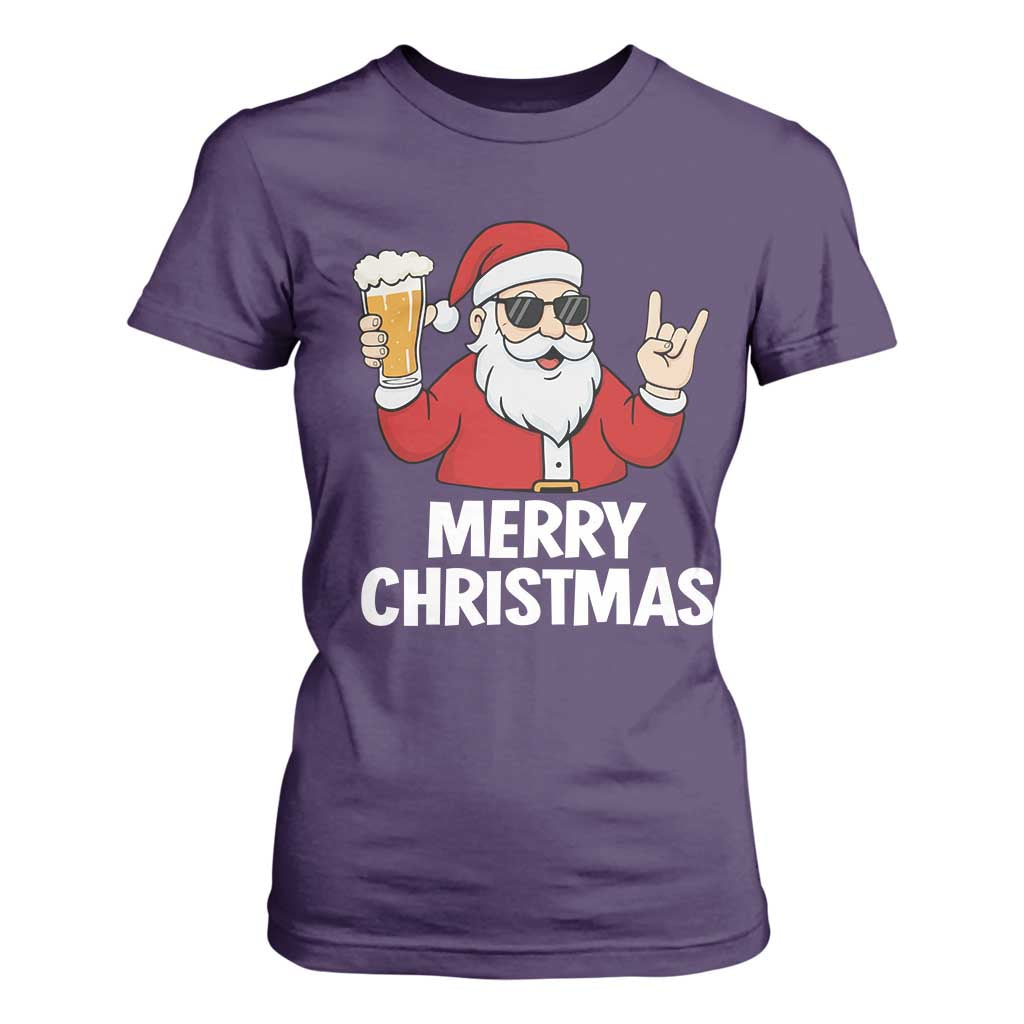 Merry Christmas Funny Santa Drinking Beer T Shirt For Women TS10 Purple Print Your Wear