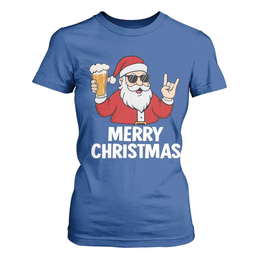 Merry Christmas Funny Santa Drinking Beer T Shirt For Women TS10 Royal Blue Print Your Wear