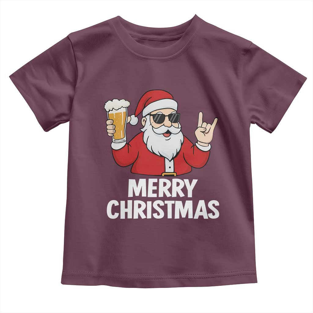 Merry Christmas Funny Santa Drinking Beer Toddler T Shirt TS10 Maroon Print Your Wear