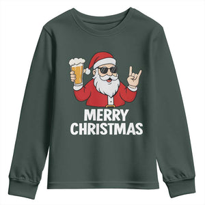 Merry Christmas Funny Santa Drinking Beer Youth Sweatshirt TS10 Dark Forest Green Print Your Wear